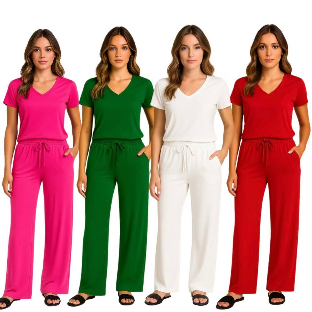 Conjunto feminino calça pantalona e blusa manga curta verão elegante luxo conj blusa e calça folgadinha em Oferta na Shopee