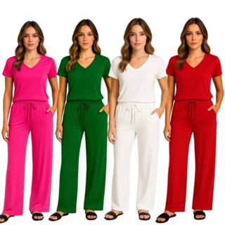Conjunto feminino calça pantalona e blusa manga curta verão elegante luxo conj blusa e calça folgadinha em Oferta na Shopee