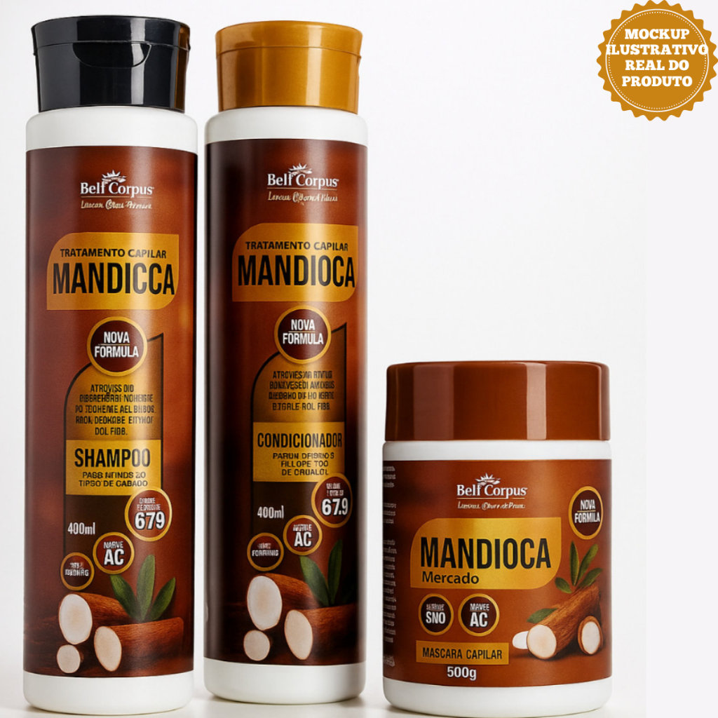 Kit Capilar Mandioca Bell Corpus Shampoo e Condicionador Máscara de Cabelo Força Nutrição BellCorpus
