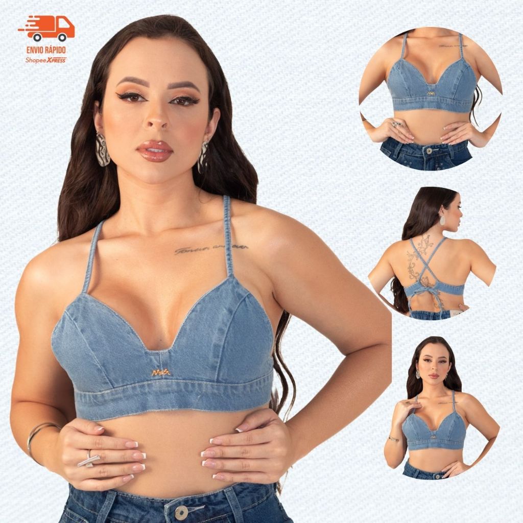Cropped Top Jeans Medio Feminino Sem Bojo Ajustável Blogueira em Oferta na Shopee
