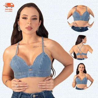 Cropped Top Jeans Medio Feminino Sem Bojo Ajustável Blogueira em Oferta na Shopee