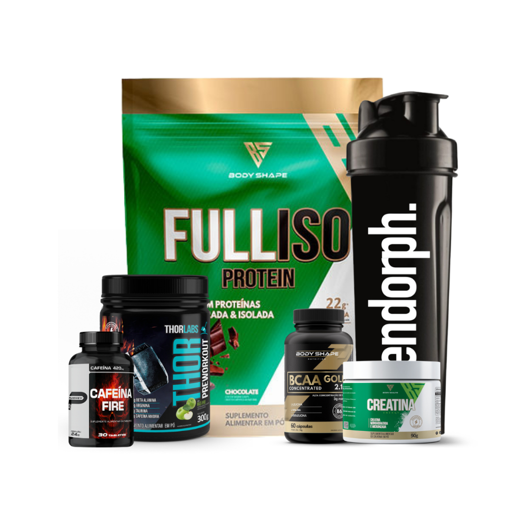 Kit Whey Protein 900g + Creatina 90g + Bcaa + Pré Treino + Cafeina 30 Caps + Coqueteleira