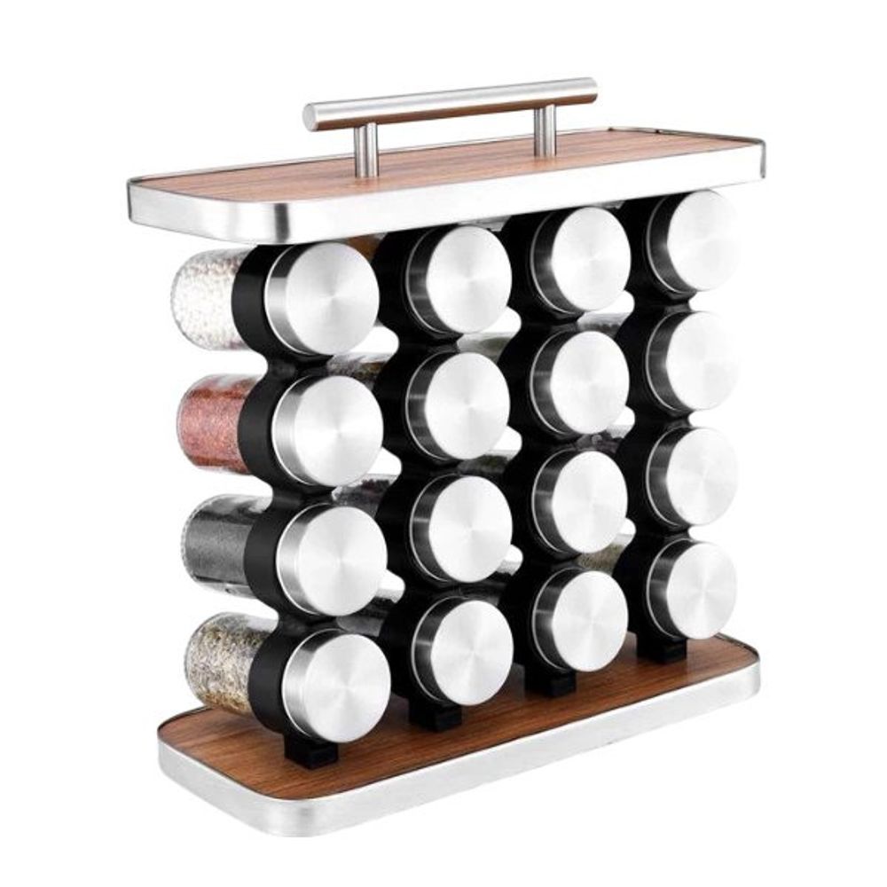 Porta Tempero 16 Potes de Condimentos 80ML Para Cozinha Base de Madeira Organização Rápida Inox