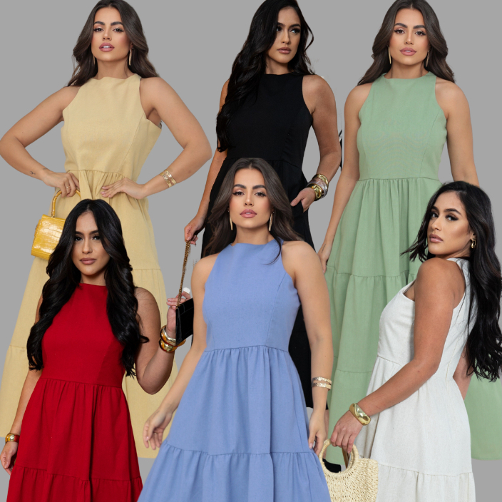 Vestido Feminino Midi Longo Elegante Estiloso Em Linho Gola Alta