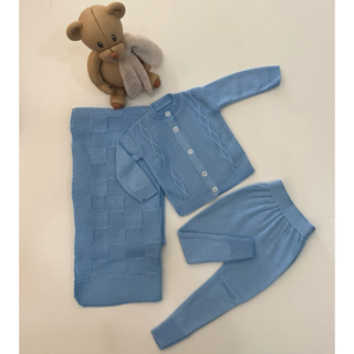 Kit Saída De Maternidade Conjunto Casaco + Calça e Manta em Tricô Menina e Menino em Oferta na Shopee
