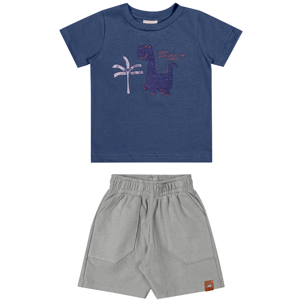 Conjunto Menino Angerô Camiseta Bordada Dinossauro + Bermuda Moletinho 28817