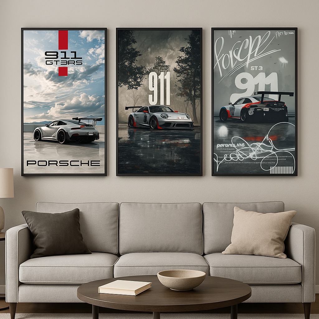 Kit 3 Peças Quadro Decorativo Pôster Carro Porsche 911 GT3 RS Supercarro Automotivo Decoração Sala
