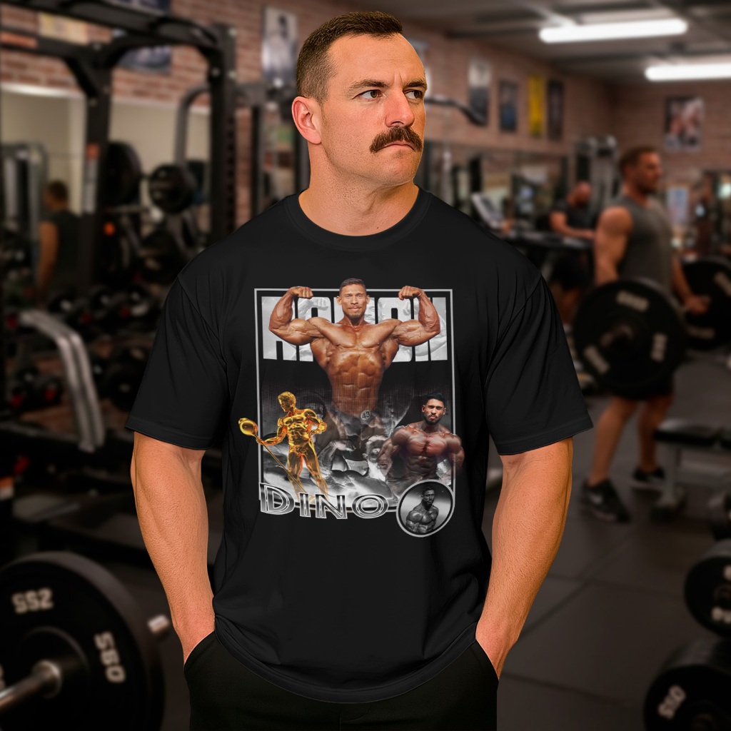 Camiseta Oversized Ramon Troféu Mr. Olympia Dinossauro do Acre Academia Estampada Masculina Estilo Algodão