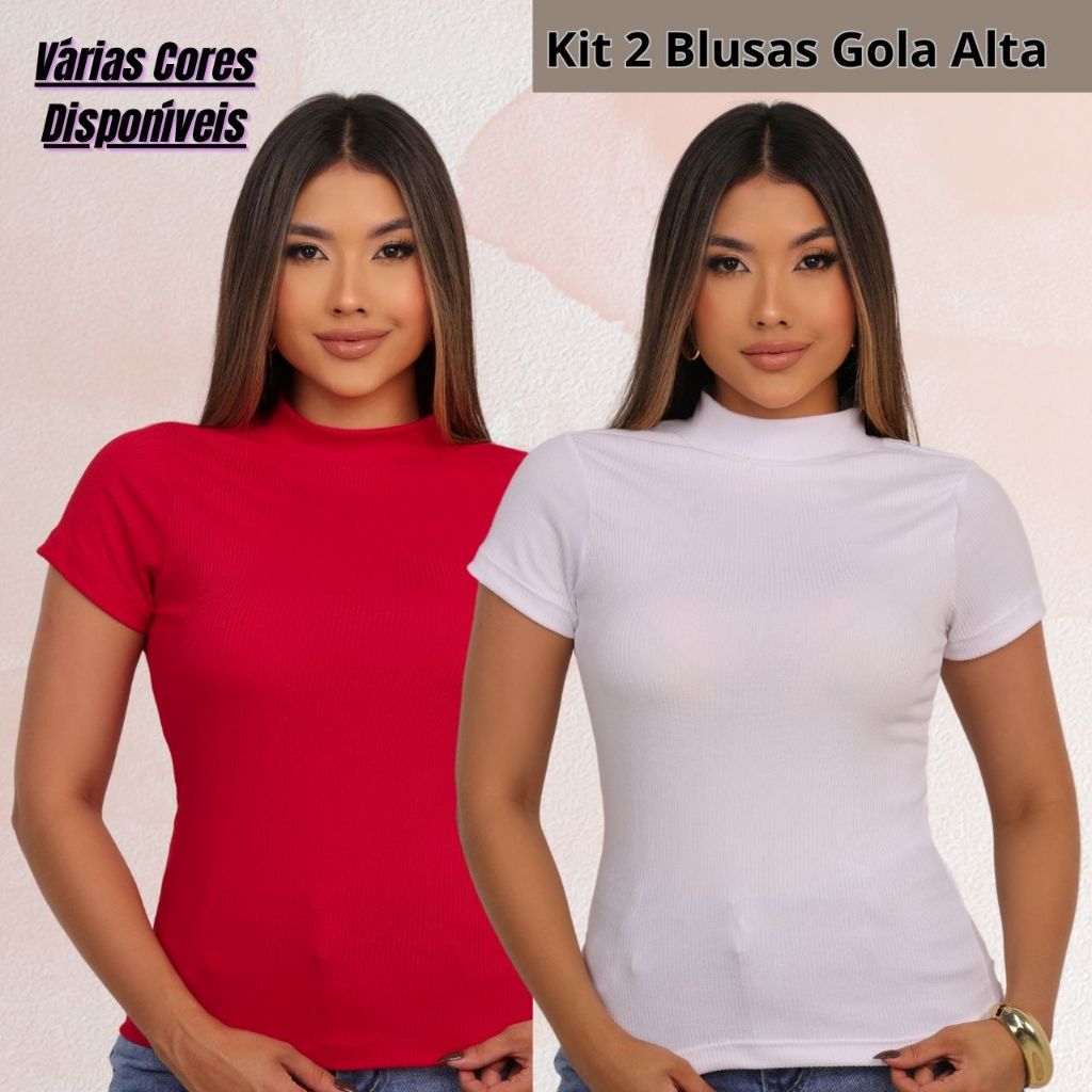 Kit 2 Blusas Feminina Gola Alta Canelada Manga Curta Toque Macio Segunda Pele Básica Lisa Estilosa Confortável