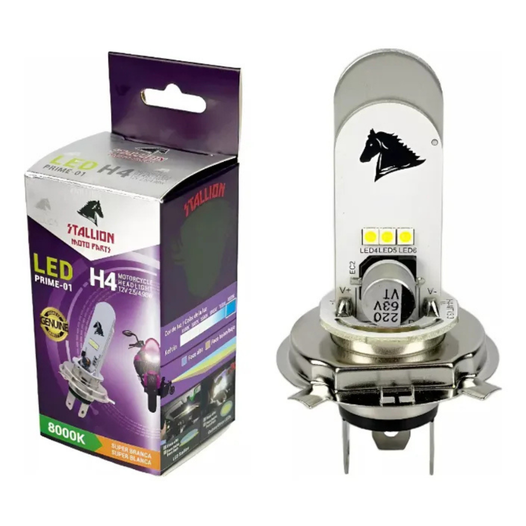LAMPADA FAROL LED MOTO H4 8000K SUPER BRANCA STALLION