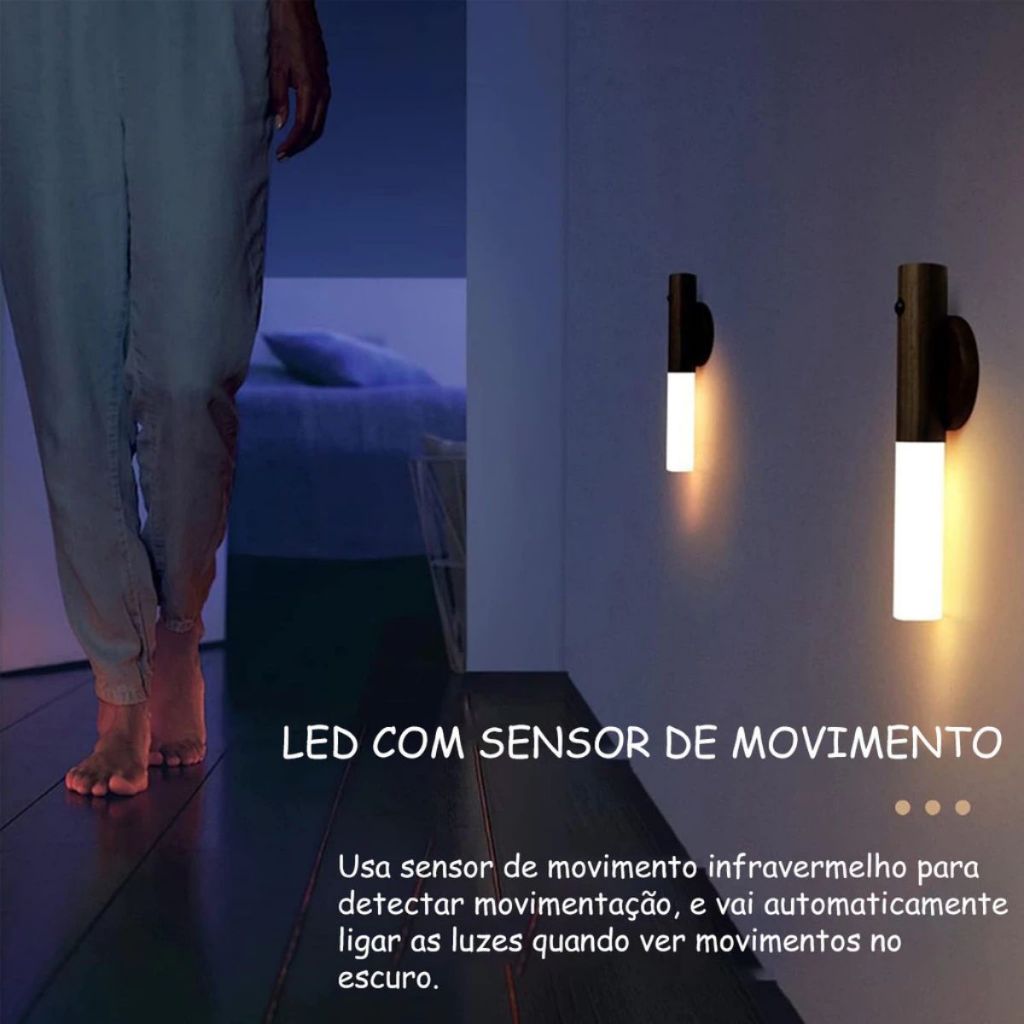 Luminaria LED Arandela Madeira Magnetica Sensor Movimento Sem Fio Recarregavel Mesa Parede Armario Guarda Roupa