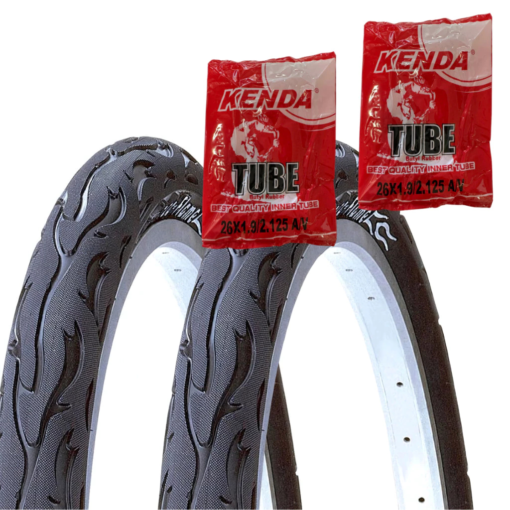 Par Pneu Kenda Flame Aro 26 x 2.125 Com 2 Câmaras Ar Kenda Aro 26 Bico Pneu Foguinho Camera de Ar