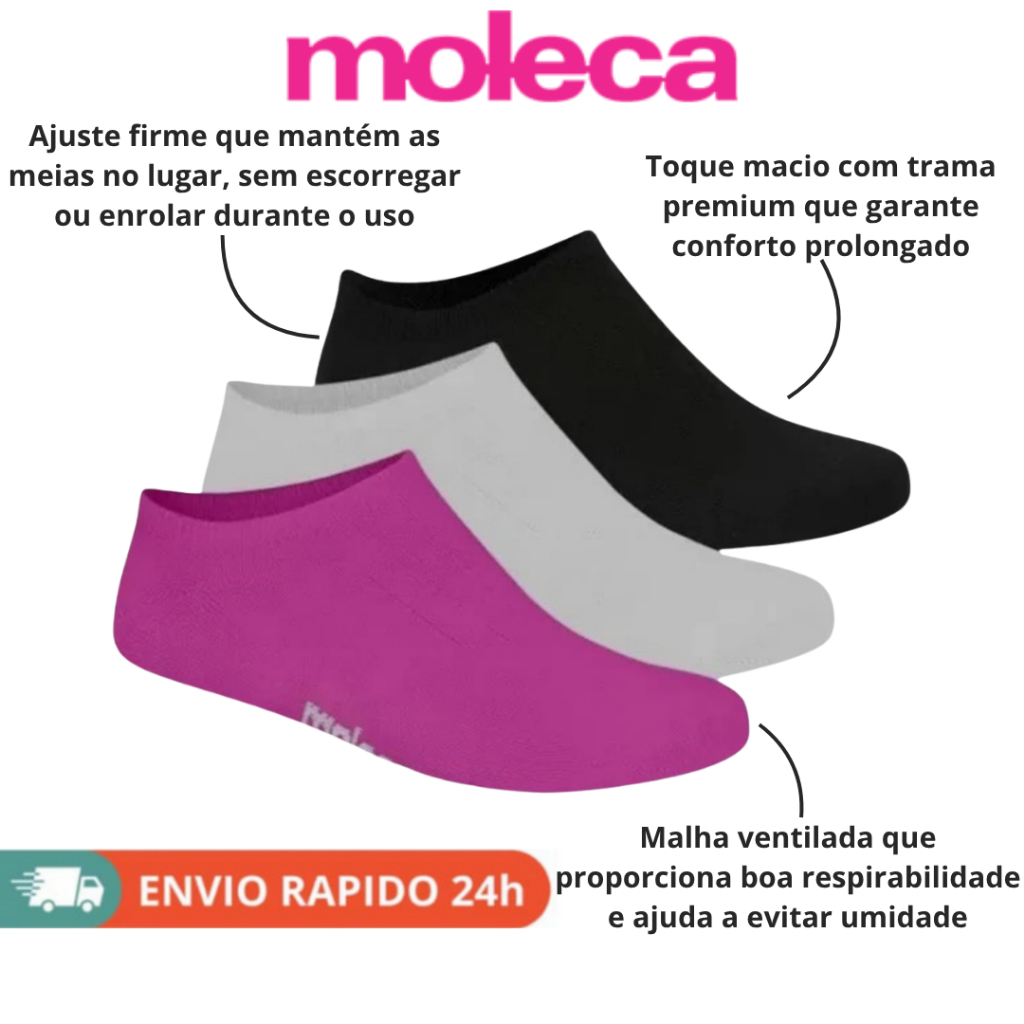 Meia adulto feminina moleca kit 3 CANO CURTO respirável ideal para o dia em Oferta na Shopee