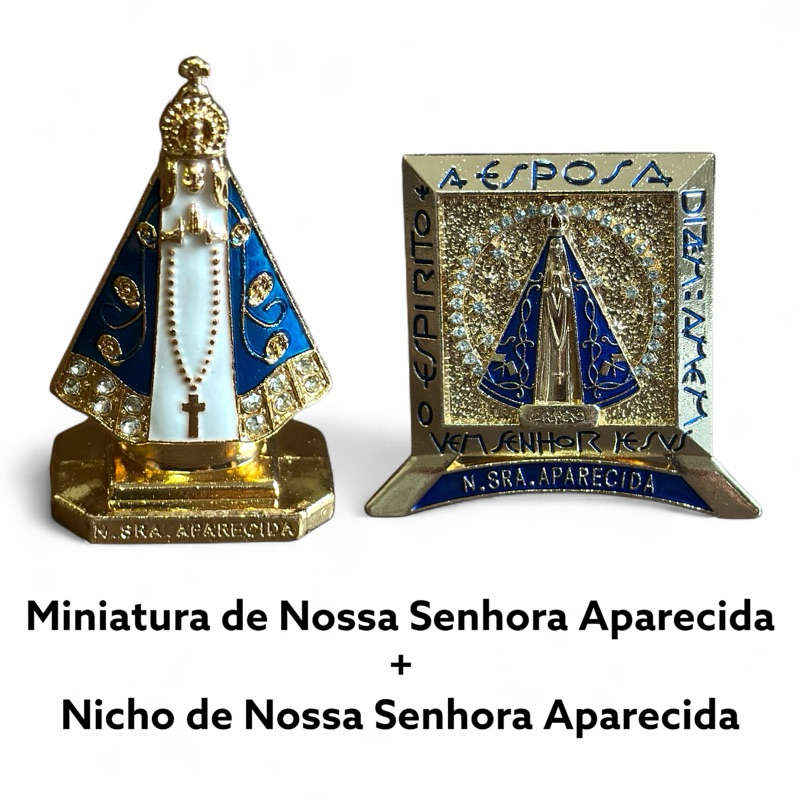 Miniatura Nossa Senhora Aparecida com dupla face e Nicho decorativo de Nossa Senhora Aparecida