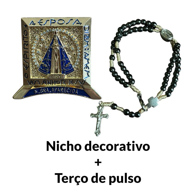 Nicho decorativo de Nossa Senhora Aparecida e terço de pulso hematita Nossa Senhora Aparecida