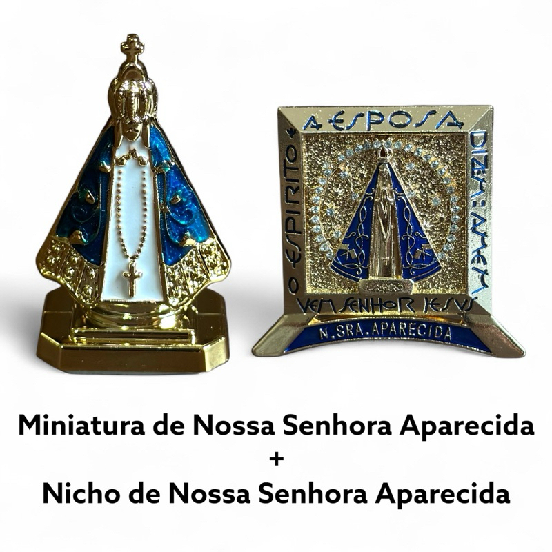 Miniatura de Nossa Senhora Aparecida plástico e nicho decorativo de Nossa Senhora Aparecida