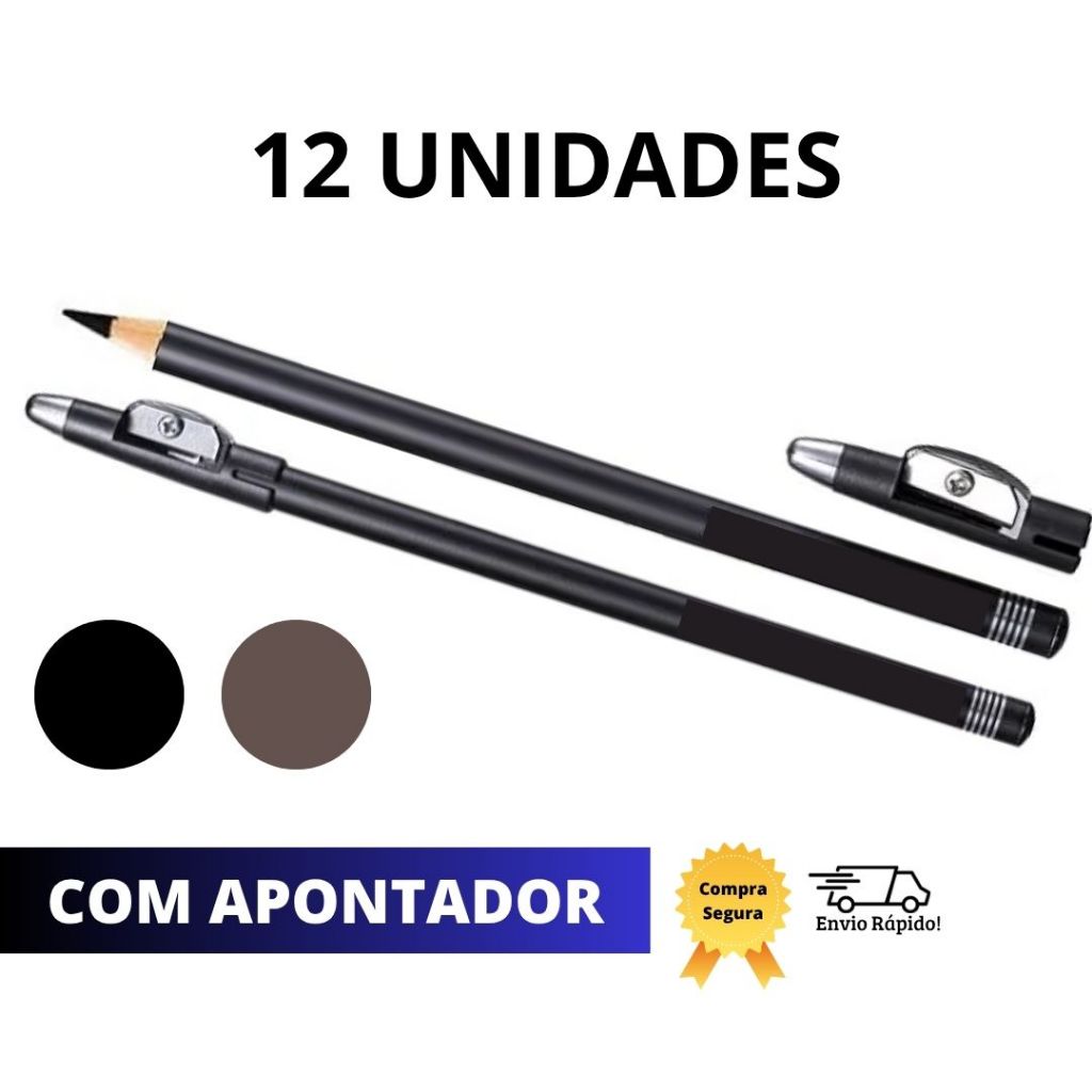 Kit com 12 Lápis de Olho Preto ou Marrom com Apontador Maquiagem Delineador Cosmético