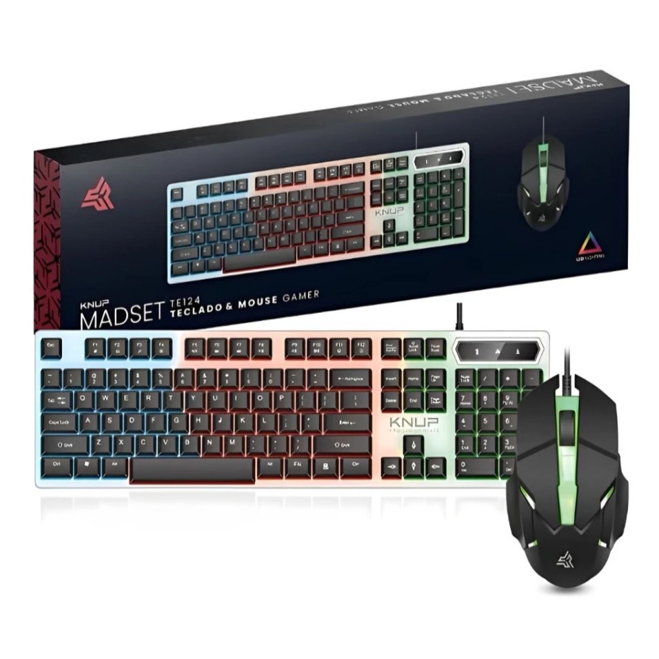 Kit Teclado + Mouse Gamer USB RGB Semi Mecânico com Fio Preto ABNT2 LED QWERTY Português