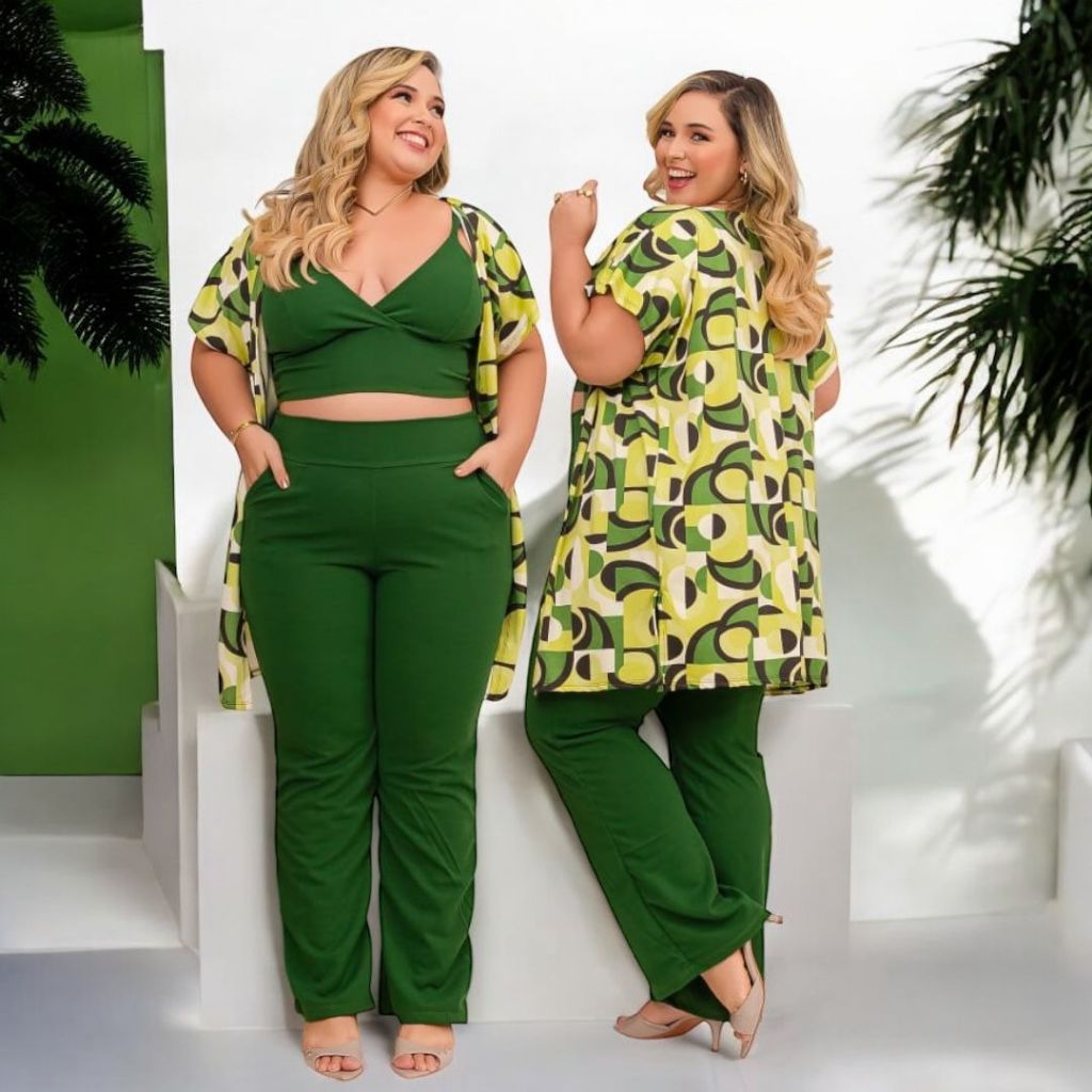 Conjunto Plus Size Feminino Três Peças Top Kimono Calça Tam Único 46ao50