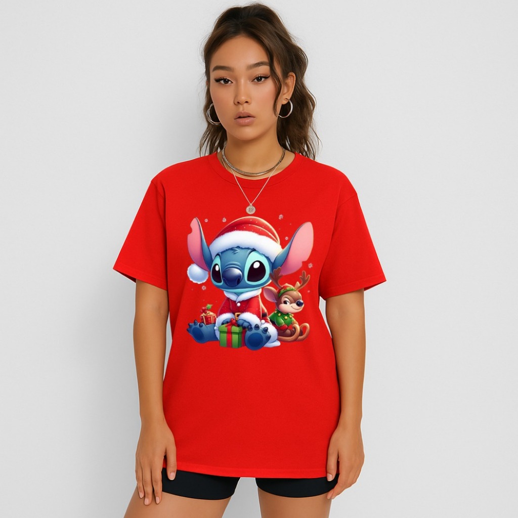 Camiseta Feminina Stitch Natal Lançamento Malha Tecido 100% Algodão Camisa Unissex Manga Curta Gola Redonda