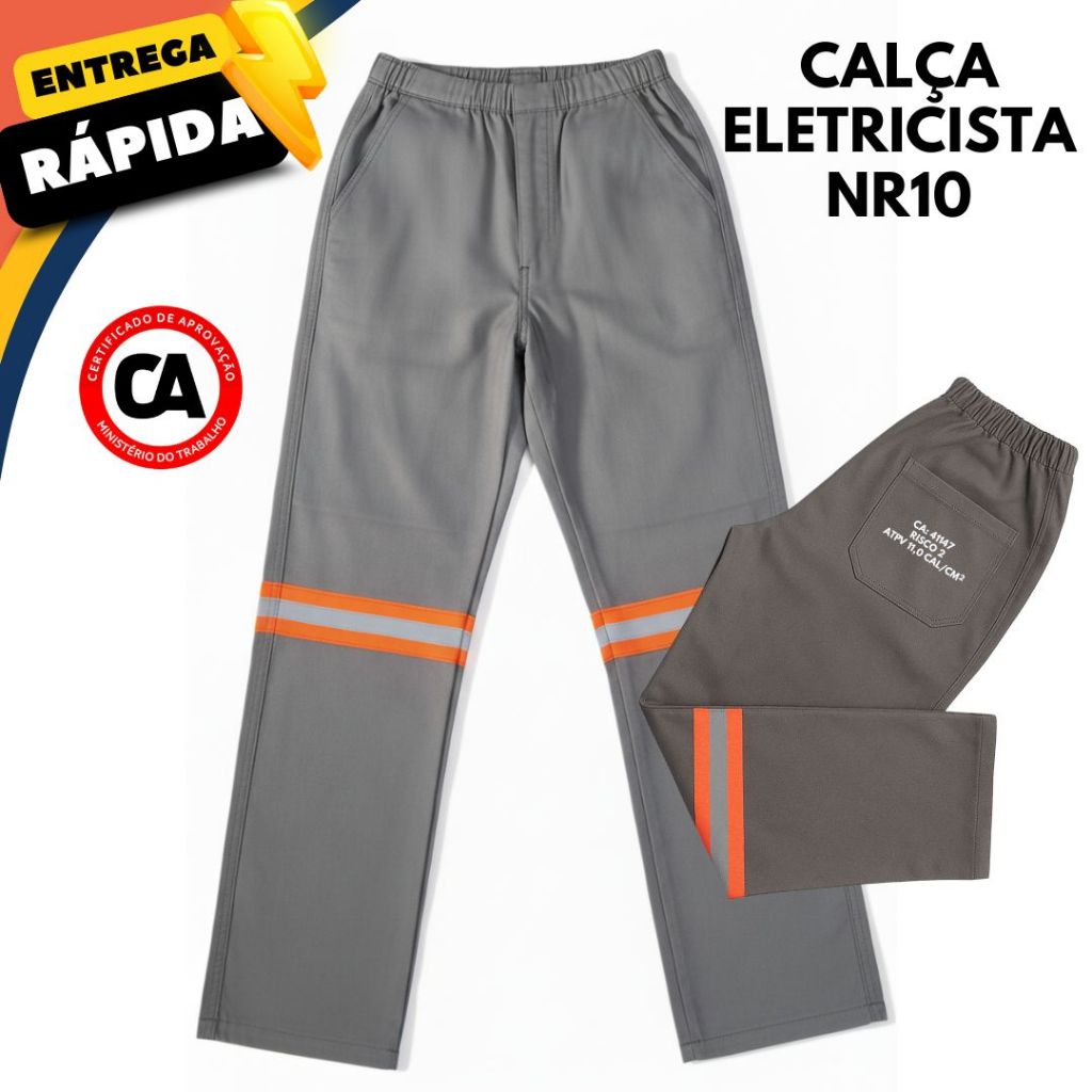 Calça de Segurança NR10 Trabalho com Elástico Total e Faixa Refletiva Laranja Com CA