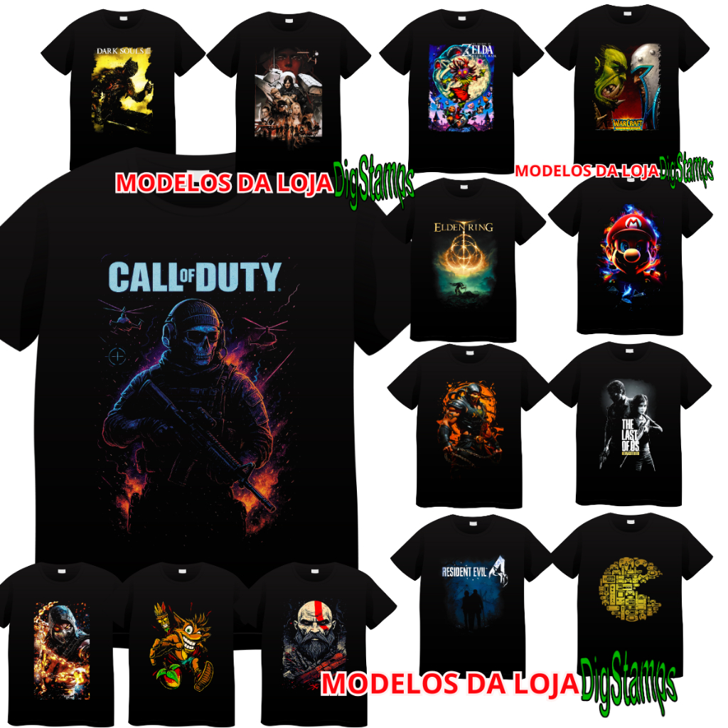 Camiseta Game, Algodão, call of duty, battlefield, Mario, god of war, Mortal kombat, crash, Pac man, Zelda.