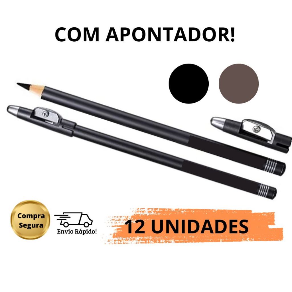 Pacote Kit com 12 Lápis de Olho Preto ou Marrom com Apontador Maquiagem Delineador