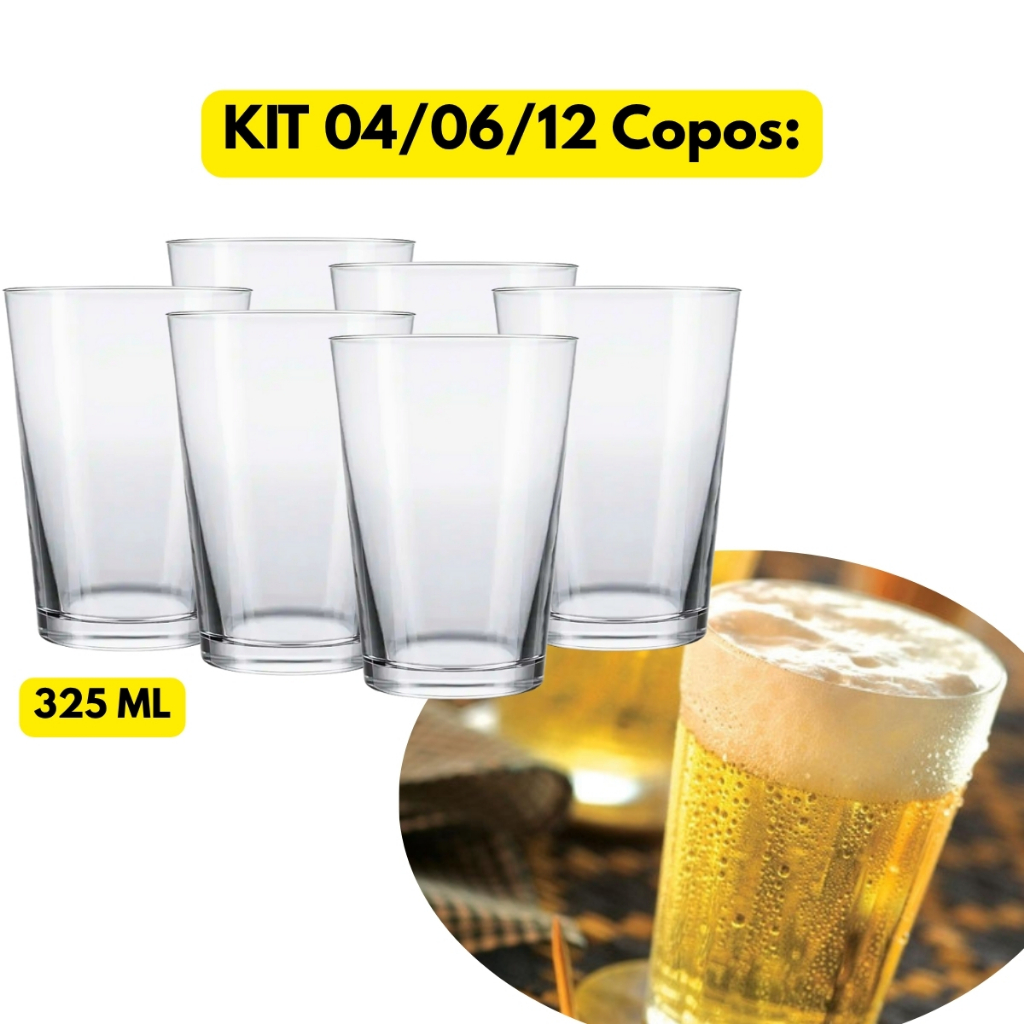 Kit Jogo 04/06/12 Copo Vidro 325ML Caldereta Original Cerveja Chopp Multiuso Alto Cristalino Bonito