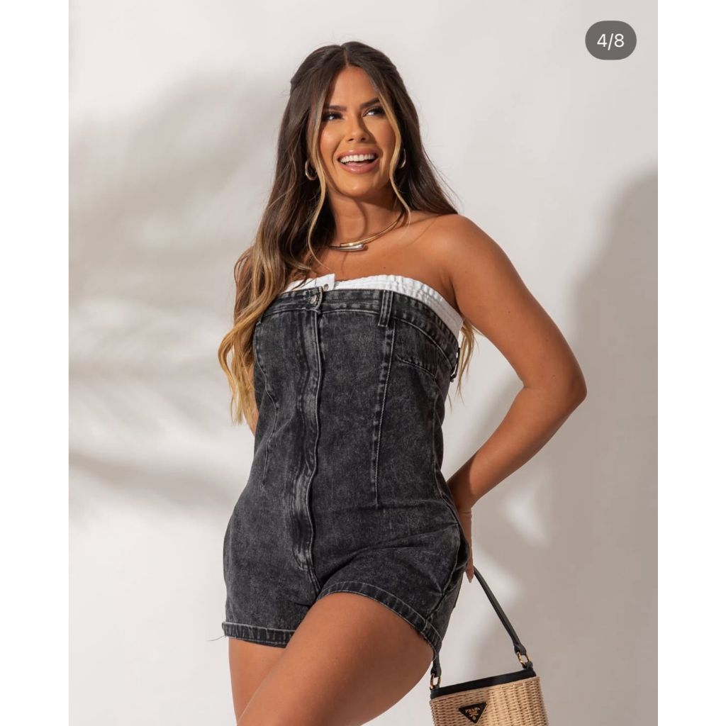 Macaquinho Jeans Boxers Macaquinho feminino curto tomara que caia sem alça tendencia moda blogueira glitter jeans
