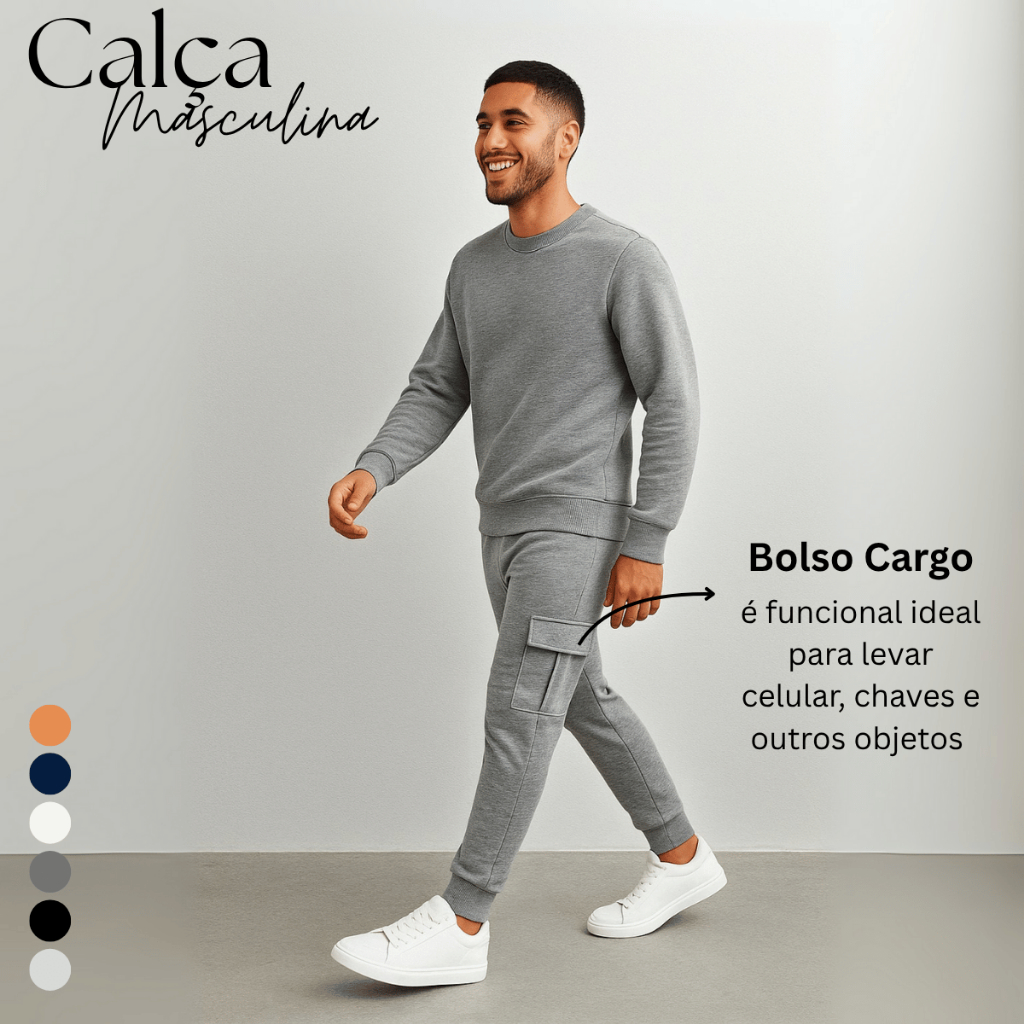 Calça Cargo Masculina de Moletom Com Bolsos Laterais Preto Azul Mescla Grafite Off Caqui P ao GG