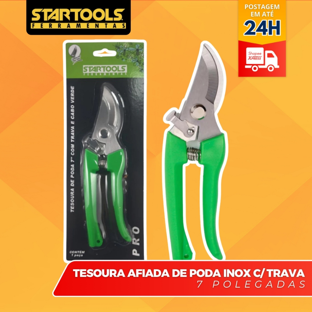 Tesoura Afiada de Jardinagem Poda Inox 7 Polegadas Com Trava e Cabo Verde Jardim Startools