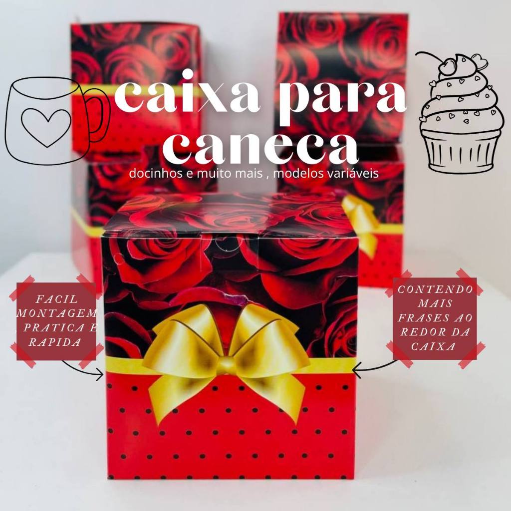 Kit 10 Caixinhas Caixa Caneca Xicara Embalagem Reforçada Decorada para Doces Lembrancinha