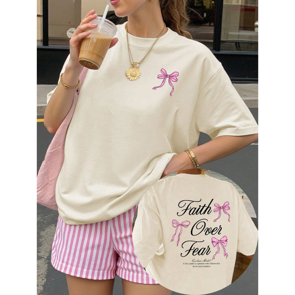 Camiseta Feminina 100% Algodão Estampa Faith Over Lacinho 551Linda Modinha Gringa Estampa nas Costas em Oferta na Shopee