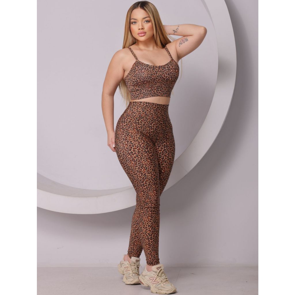 Conjunto Calça Legging + Top Animal Print Onça Onçinha Academia Fitness Sem Transparência Bojo Removível em Oferta na Shopee