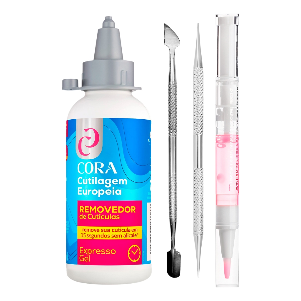 Kit Removedor De Cutícula Expresso 15 seg Gel Cora + Espátula Dupla + Palito Ponta Dupla Bella Inox