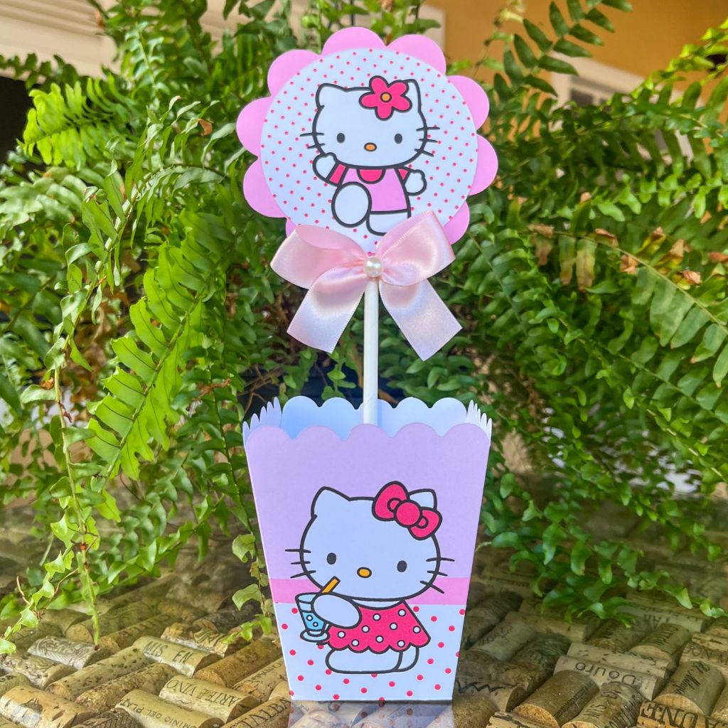 Centro de mesa Cachepot Hello Kitty PEGUE E MONTE Enfeite de mesa Festa infantil Lembrancinha