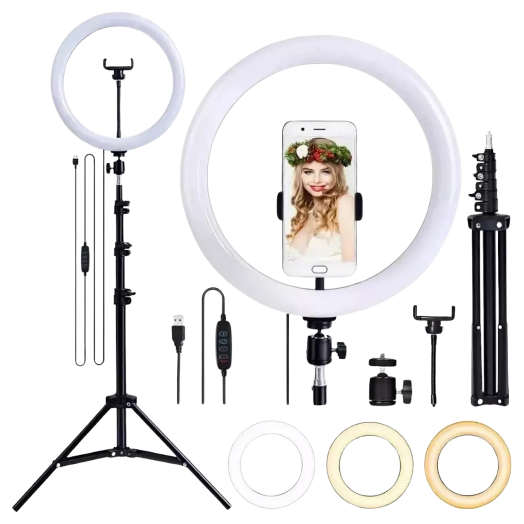 Kit de Iluminação de Anel LED, Ring Light, Com Tripé de 2,1 m, 3 Tonalidades de Luz, AVIBES