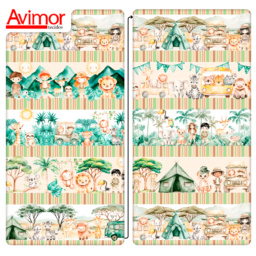 Tecido Tricoline Digital Barrado Natureza Savana Infantil Costura Animais Cama Patchwork
