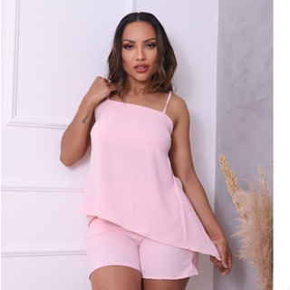 Conjunto shorts e blusa assimetrica em tecido Duna *O short não tem bolso* em Oferta na Shopee