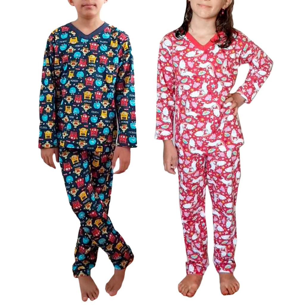 Pijama de Moletinho Malha Flanelada Menino Menina Quentinho Inverno 100% algodão