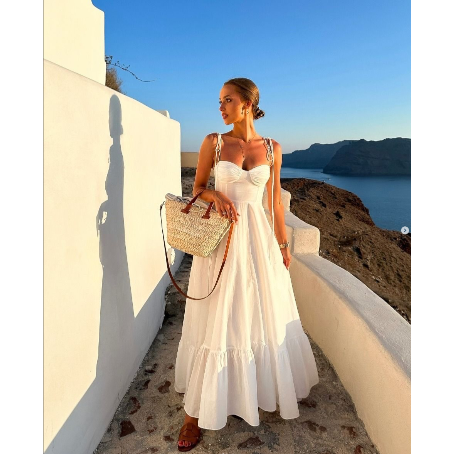 Vestido Longo com Alça Canelada, Sem Costas, Franzido e Justo ao Corpo em Oferta na Shopee