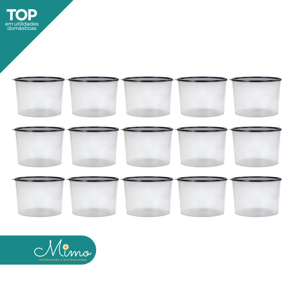 Kit 15 Potes Plásticos Transparentes 1L com Tampa Preta Hermética para Armazenar e Conservar Alimentos