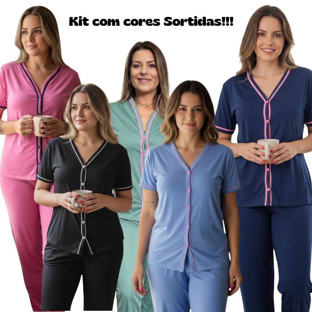Kit com 3 Pijamas Baby Doll Amamentacao Americano Longo Cirurgico botoes em Malha Cores Sortidas
