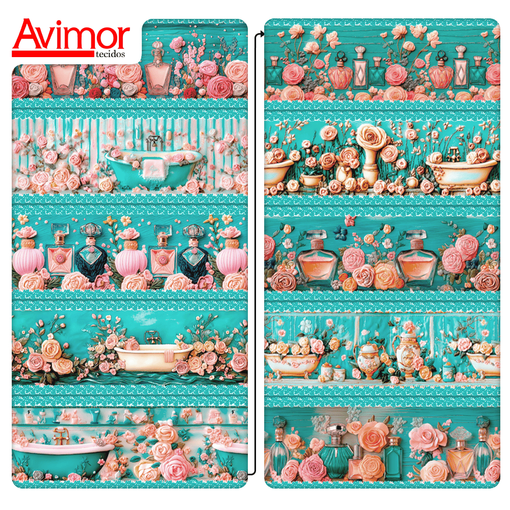 Tecido Tricoline Digital Efeito 3D Barrado Perfume Flores Cozinha Costura Artesanato Pano Patch DIY