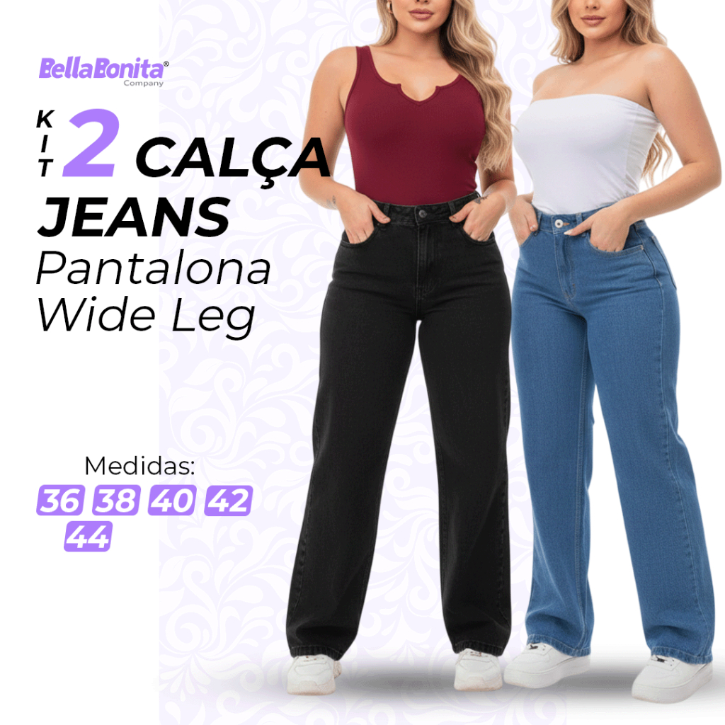 Kit Com 2 Calça Wide Leg Jeans Pantalona Cintura Alta 100% Algodão Modelagem Perfeita Qualidade