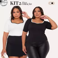 Kit 2 Blusa Feminina Plus Size Decote Coração Manga Curta Acinturada