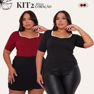 Kit C/ 02 Blusas Femininas Decote Coração Manga Curta Premium Plus Size XXL ao XXXXL em Oferta na Shopee