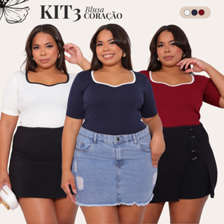 Kit C/03 Blusas Plus Size Feminina Decote Coração Manga 3/4 Curve Acinturada G1 ao G3 em Oferta na Shopee