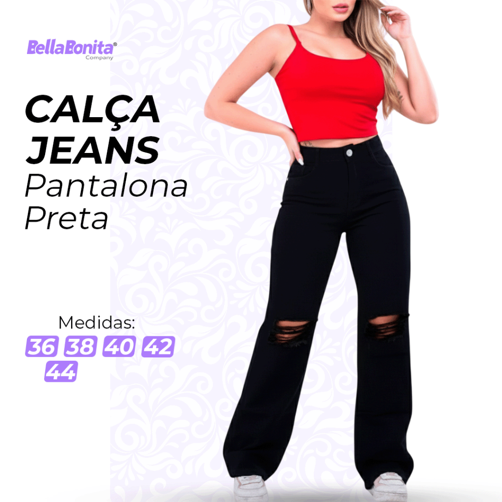 Calça Wide Leg Preta Jeans Pantalona Feminina Com Bolsos Moda Gringa 100% Jeans