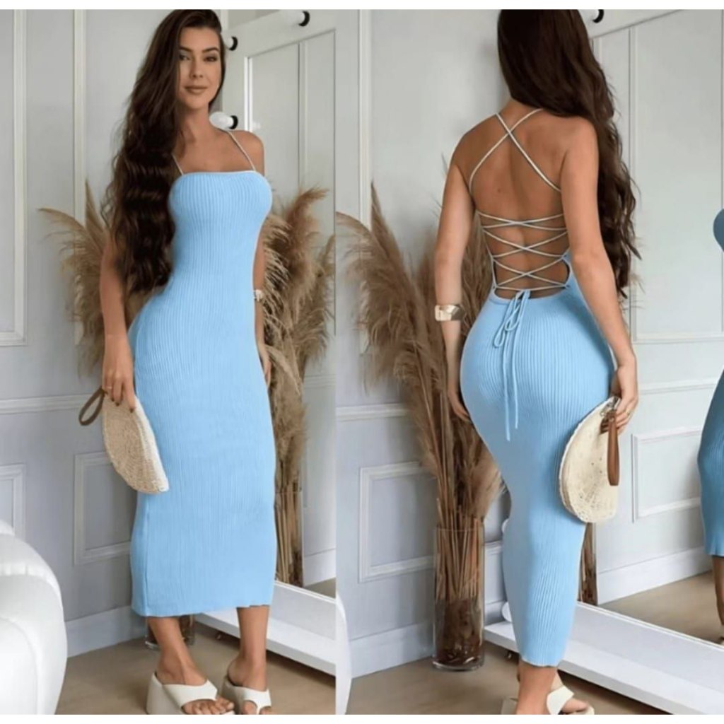 Vestido Modal Trico Liso Alça Fina Costas Amarração Cordão em Oferta na Shopee